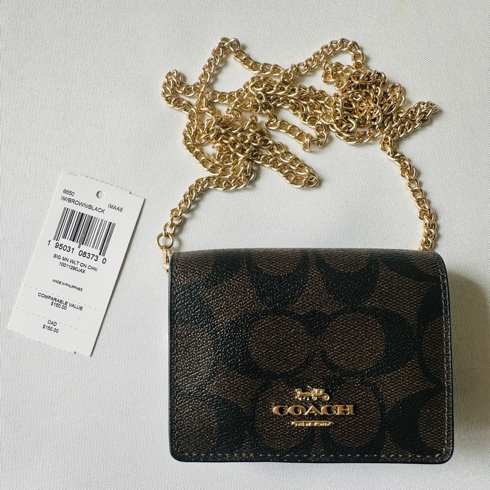 Coach Mini Wallet On A Gold Chain -Brown and Black - New!